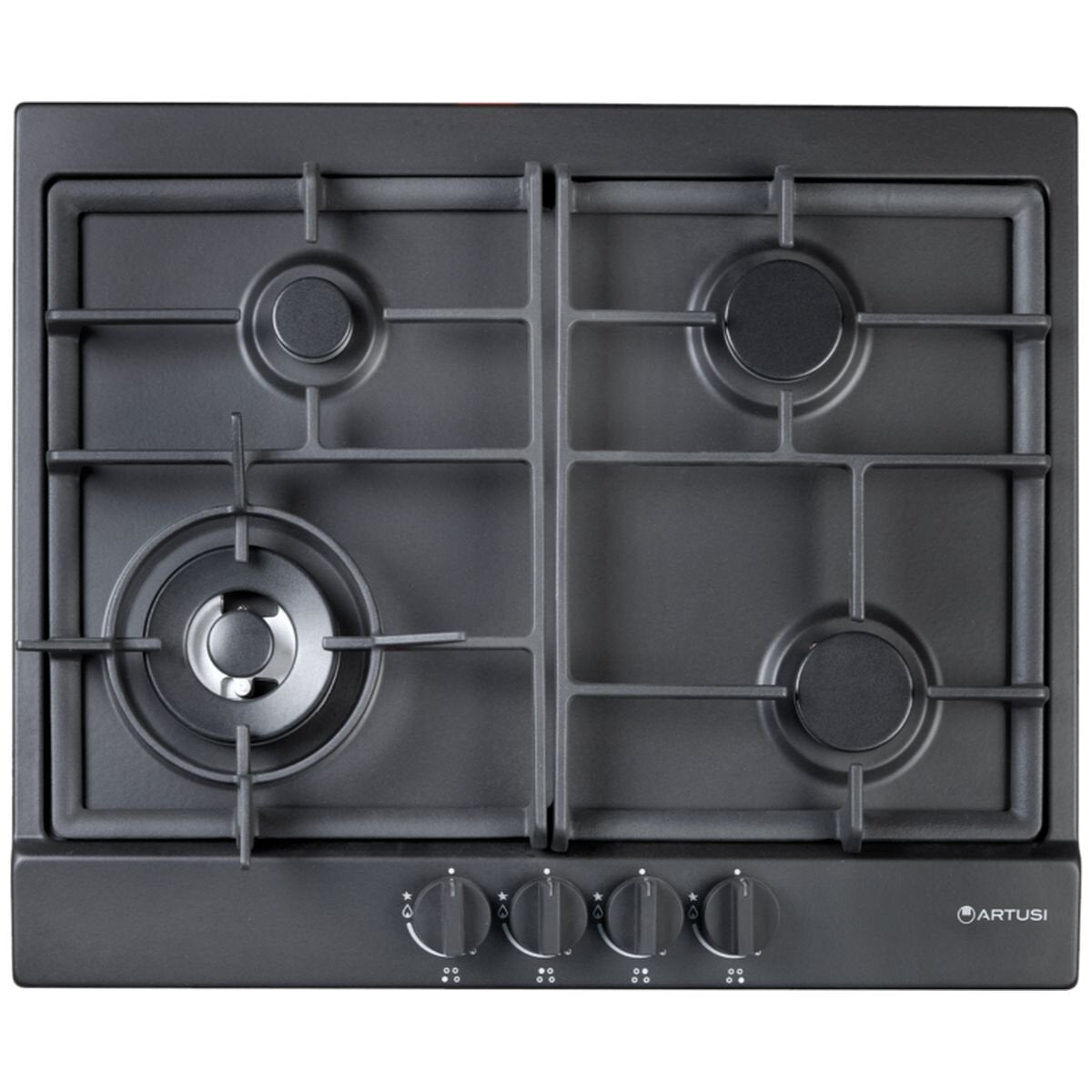 Artusi 60cm natural gas cooktop - 4 burners with wok, cast iron trivets, matte black - AGH65MB