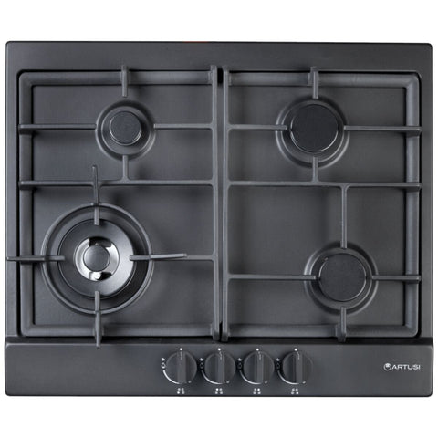 Artusi 60cm natural gas cooktop - 4 burners with wok, cast iron trivets, matte black - AGH65MB