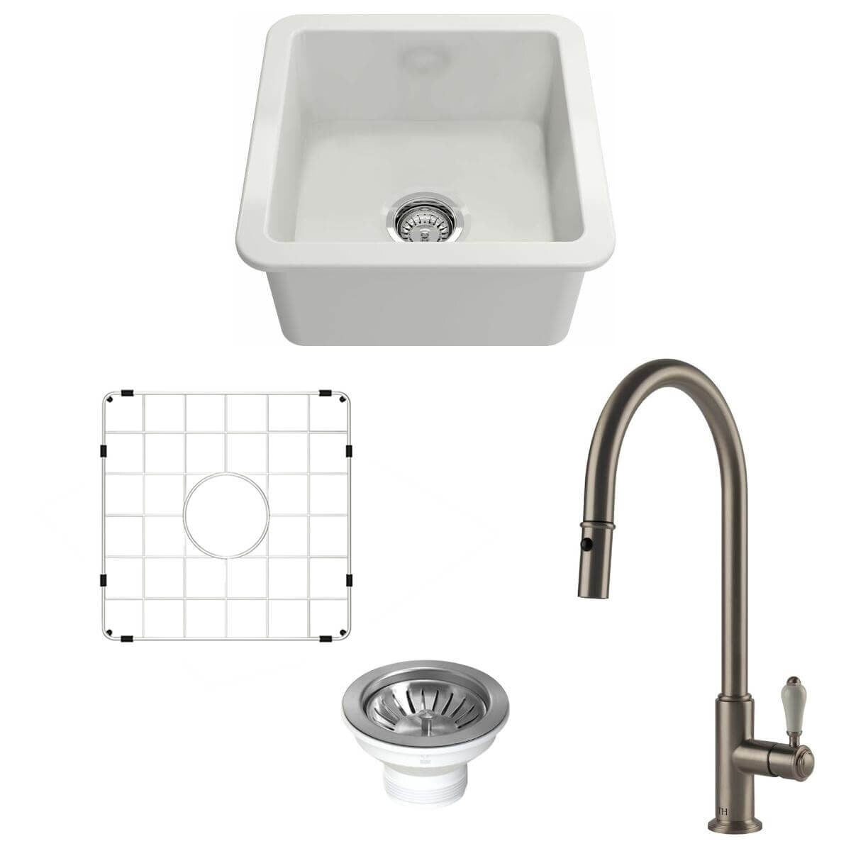 Turner Hastings Cuisine 46 Sink Pack - Brushed Nickel Ludlow Pull Out Mixer Tap - Stainless Grid - PKG047