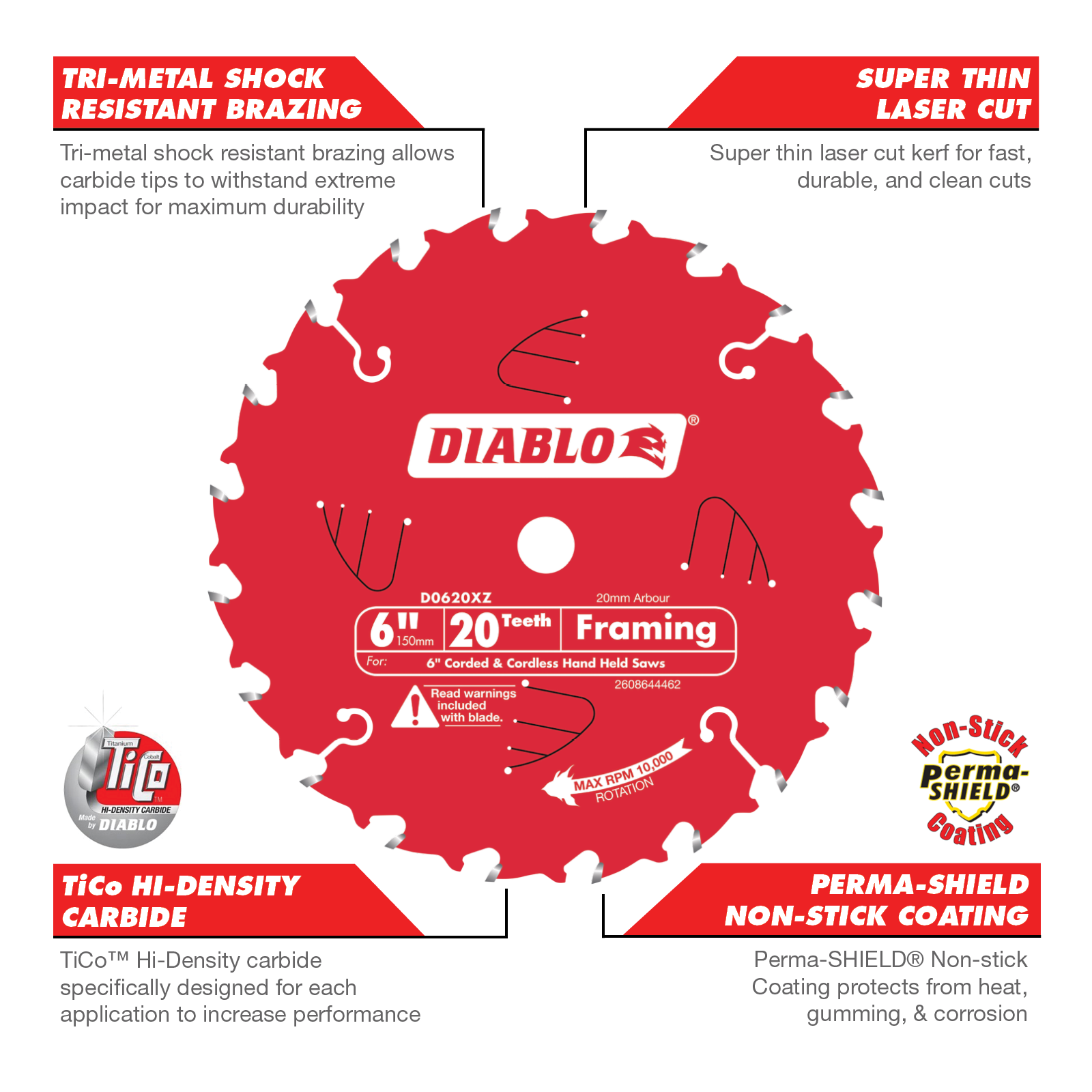 Diablo 150mm 20T General Purpose Hardened Steel Circular Saw Blade Cordless