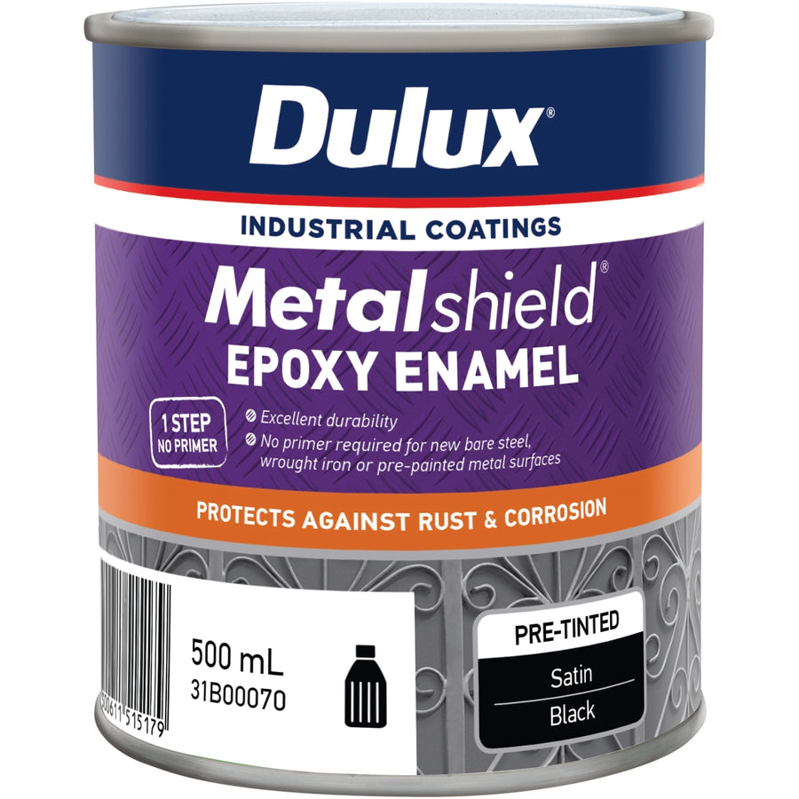 Dulux Metalshield Epoxy Enamel Satin Paint 500mL Black - UV & Splatter Resistant Metal Topcoat