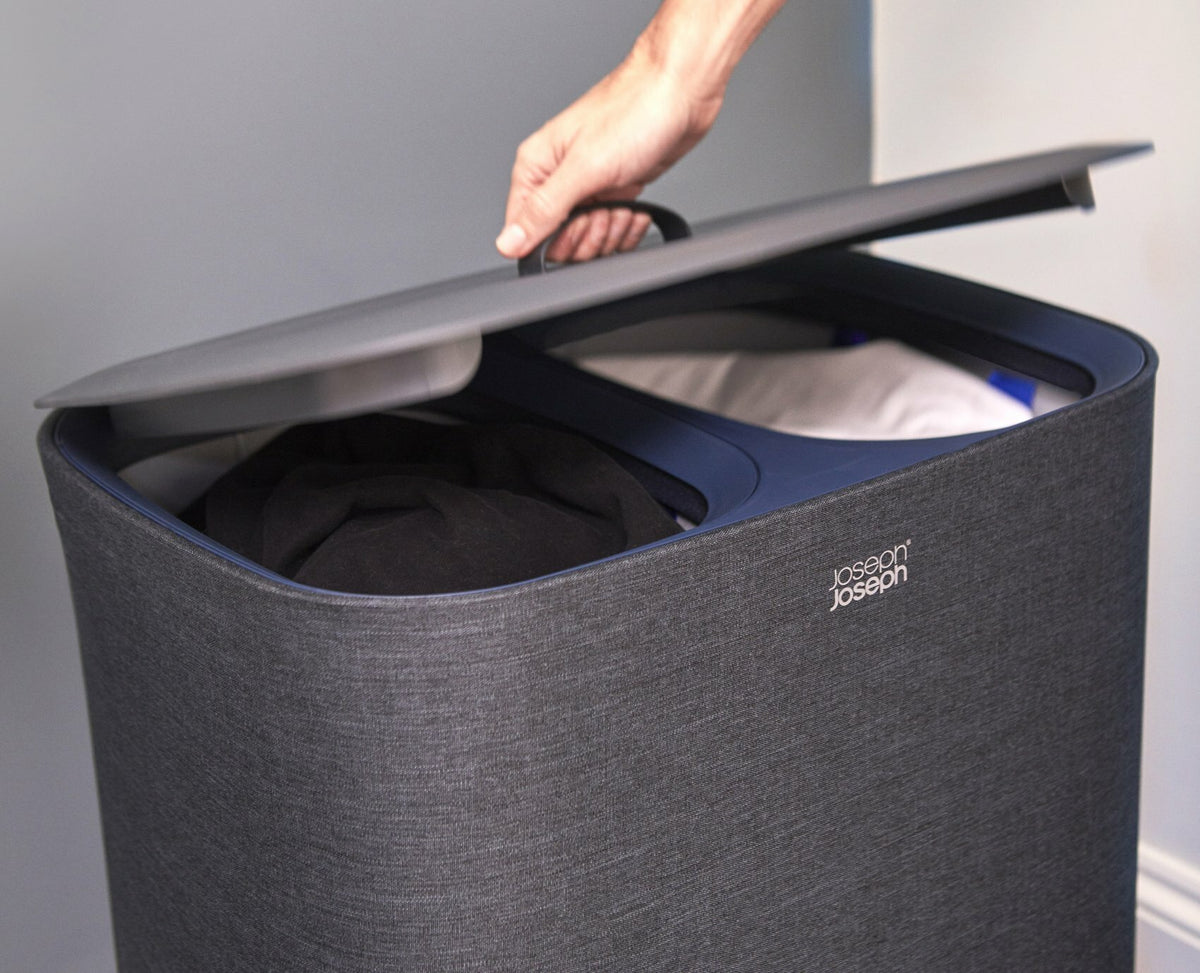 Joseph Joseph 90L laundry separation basket - dual 45L compartments, self-locating tote bags, black - 50004
