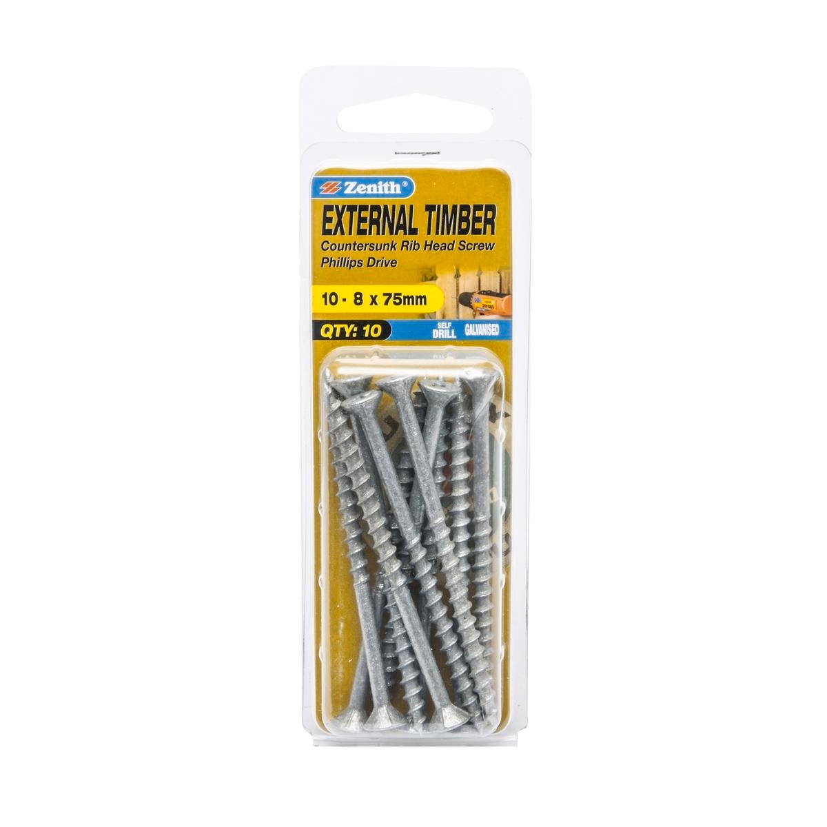 Zenith Timber Screws - 8 x 75mm Galvanised - Coarse Thread - 10 Pack - SuperSaverAU - view 1