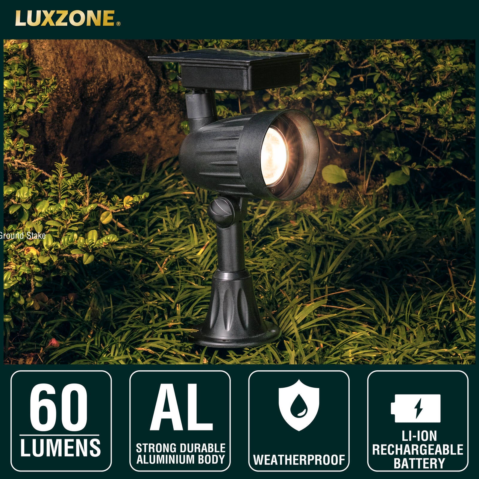 Luxzone 35cm 60lm Aluminium LED Solar Pathway Light, Adjustable Head, Weather Resistant