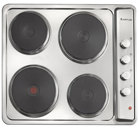 Artusi 60cm Electric Stainless Steel Cooktop - 4 Solid Hotplates, Control Knobs - CAEH1