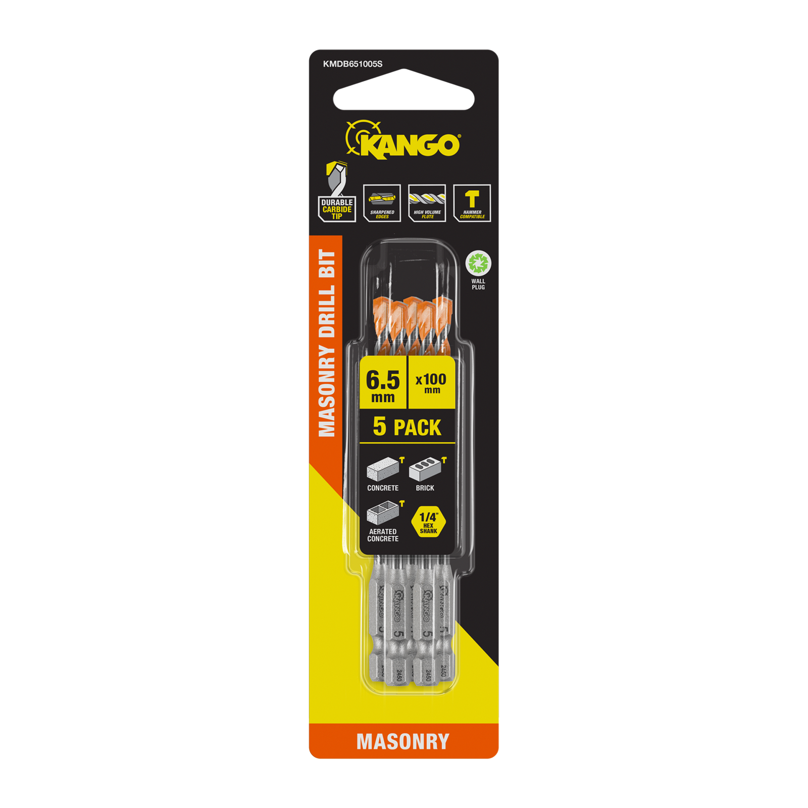 Kango 6.5 x 100mm Masonry Drill Bit 5 Pack - Carbide Tip, 1/4" Hex Shank