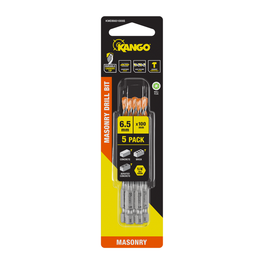 Kango 6.5 x 100mm Masonry Drill Bit 5 Pack - Carbide Tip, 1/4" Hex Shank