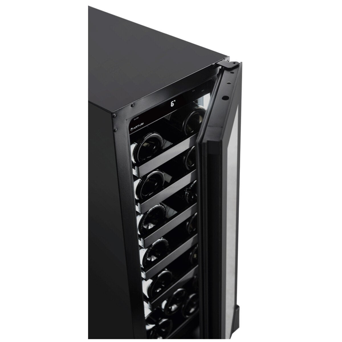 Artusi 18 bottle single zone wine cellar - black smoky glass, UV protected, reversible hinge - AWC18BV