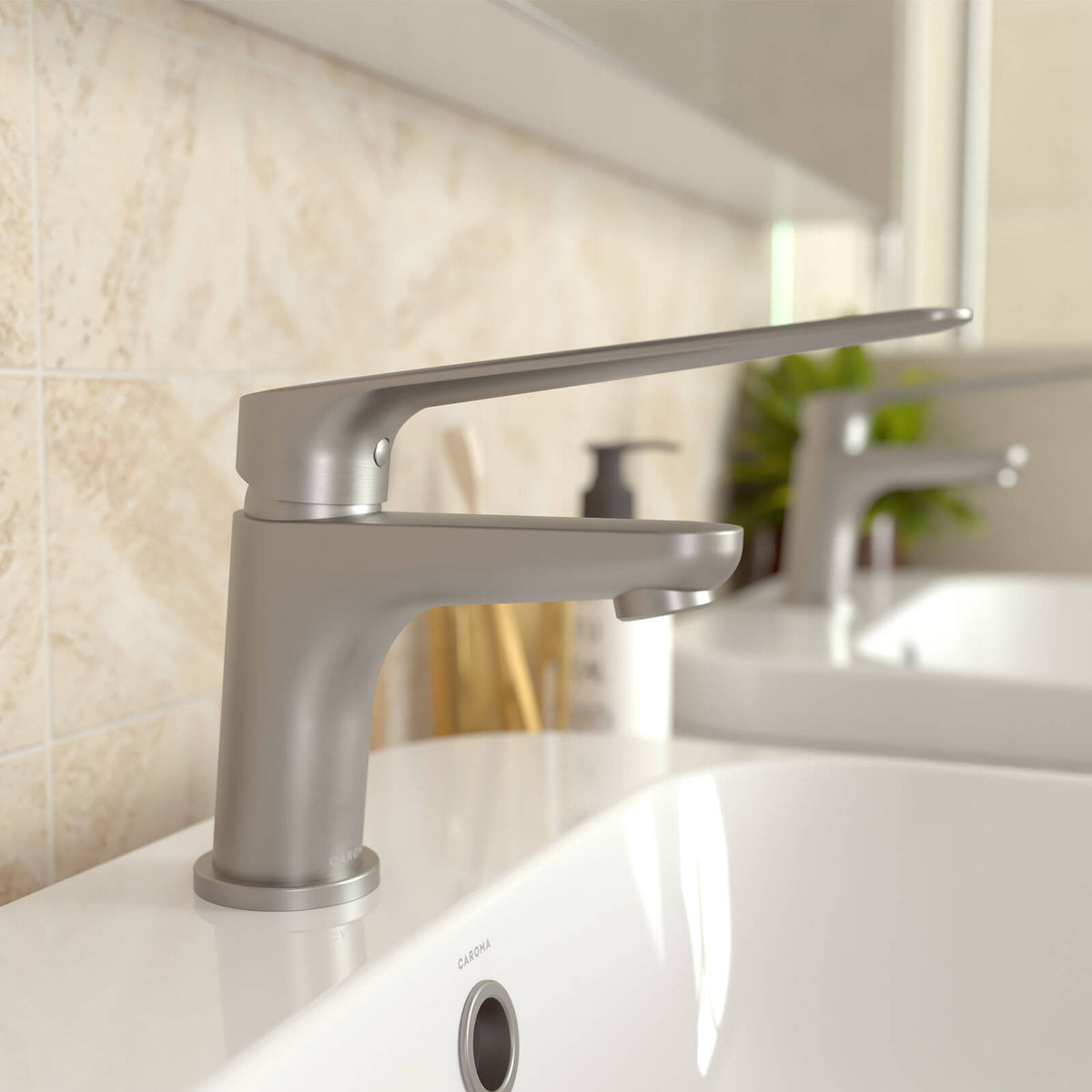 HomeCare by Caroma Brushed Nickel Assistant Living Basin Mixer, 6L/min 5 Star WELS Brass
