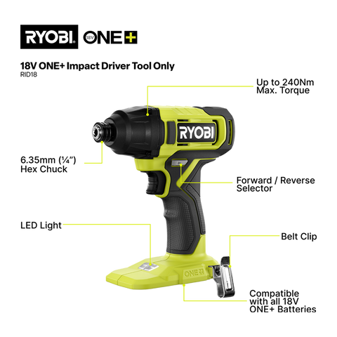 Ryobi 18V ONE+ Cordless Impact Driver 240Nm Variable Speed Tool Only RID18
