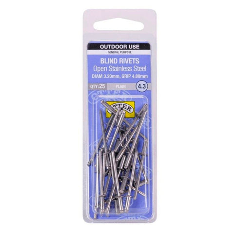 Otter Open Stainless Steel Blind Rivets 2 x 4 8mm 25 Pack - SuperSaverAU - view 1