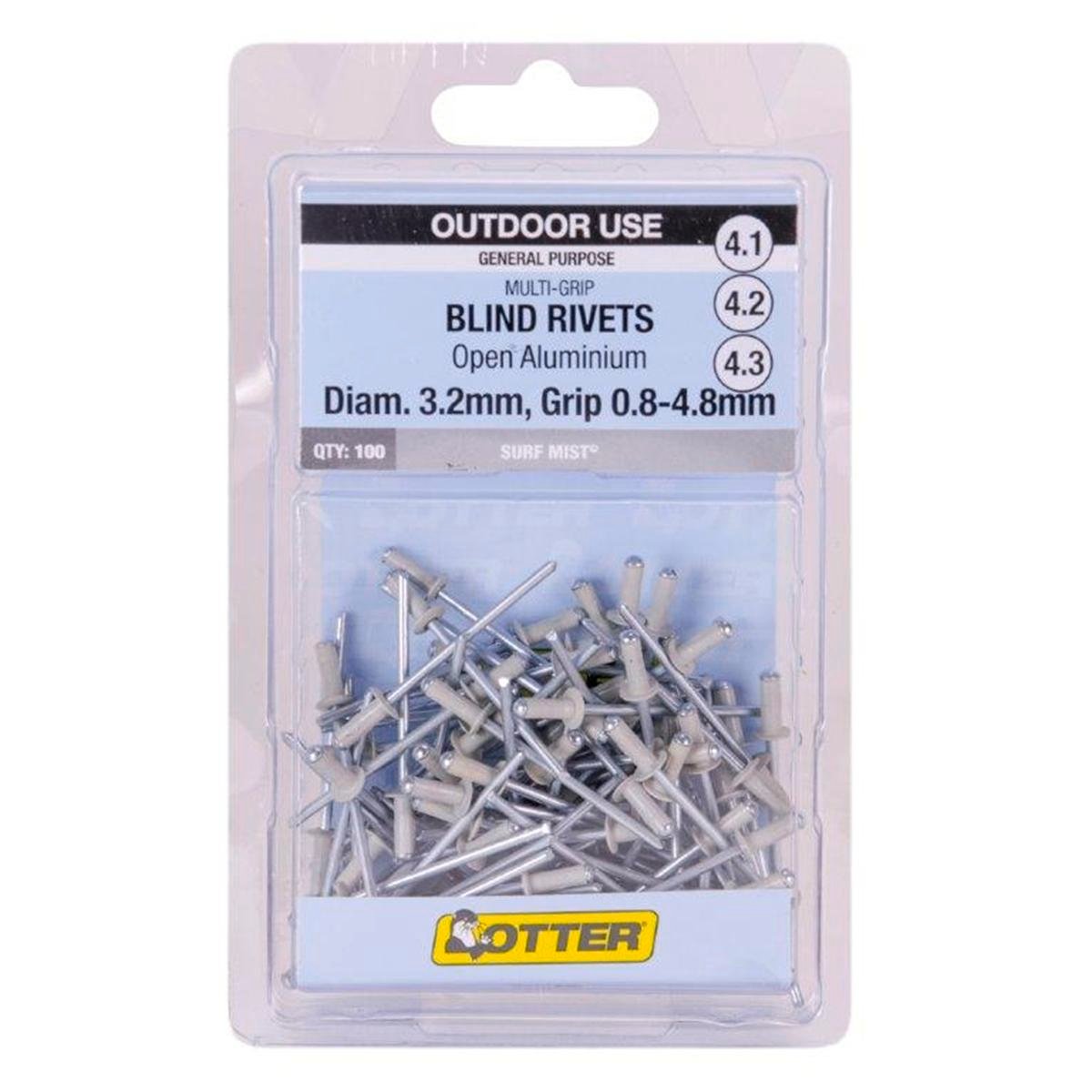 Otter Multi Grip Open Aluminium Blind Rivets 3 2 x 0 8 4 8mm 100 Pack - Surf Mist - SuperSaverAU - view 1