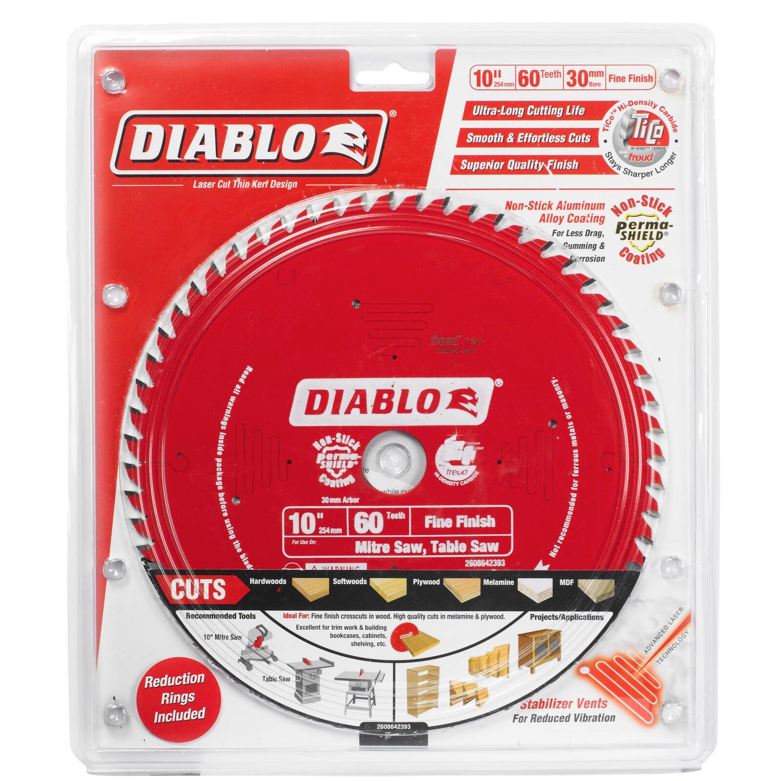 Diablo 254mm 60T Fine Finish Mitre Saw Blade 30mm Arbor