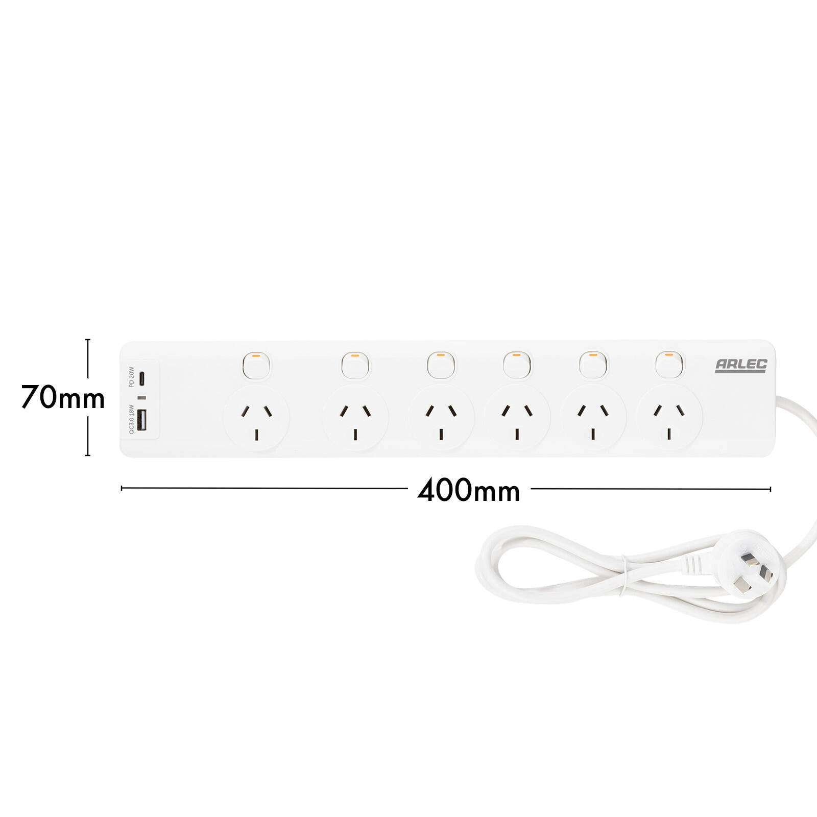 Arlec 6 Outlet Surge Protected Powerboard with PD20W USB Charging 1.8m White PB66UAC