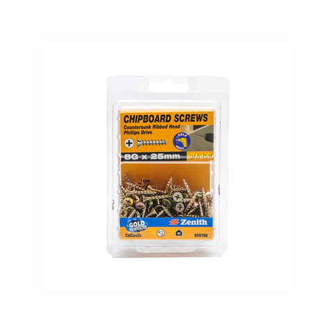 Zenith 8G x 25mm Gold Countersunk Rib Head Chipboard Screws - 100 Pack