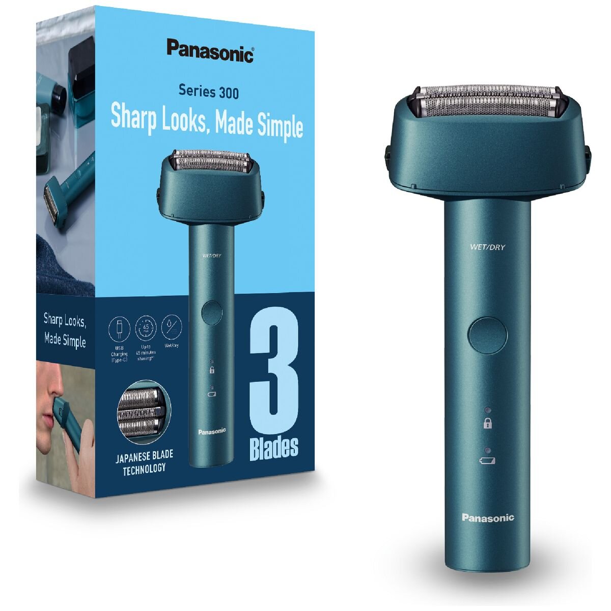 Panasonic Series 300 3-Blade Electric Shaver - Blue - Wet and Dry Use, USB-C Charging - ES-RM3B-A541