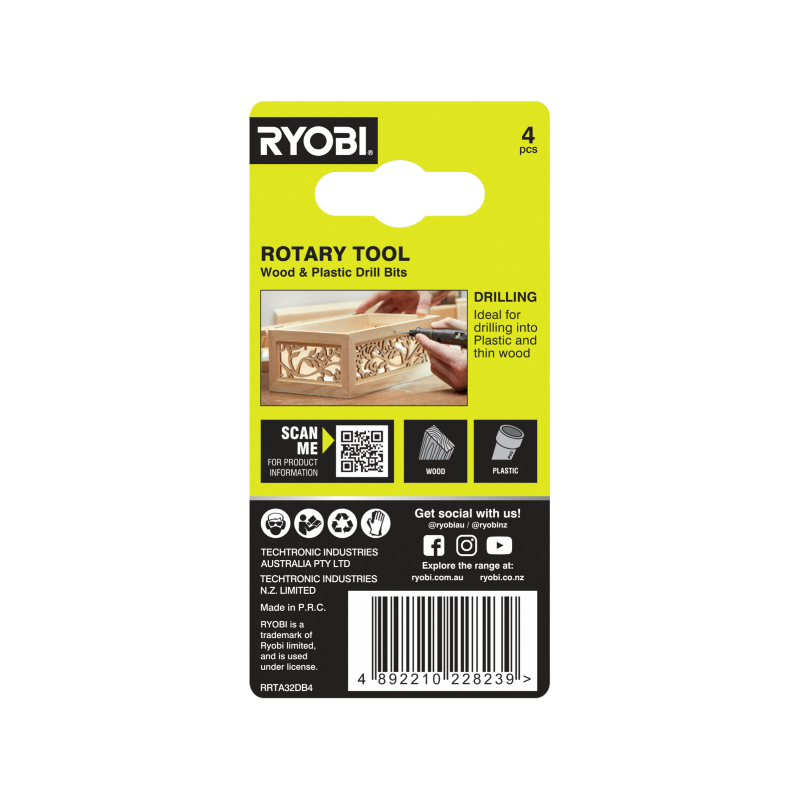 Ryobi 3.2mm Rotary Tool Wood & Plastic Drill Bit - 4 Pack