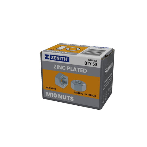Zenith M10 Zinc Plated Hex Nuts 50 Pack - 18.3mm x 8.2mm - Maximum Torque - SuperSaverAU - view 1