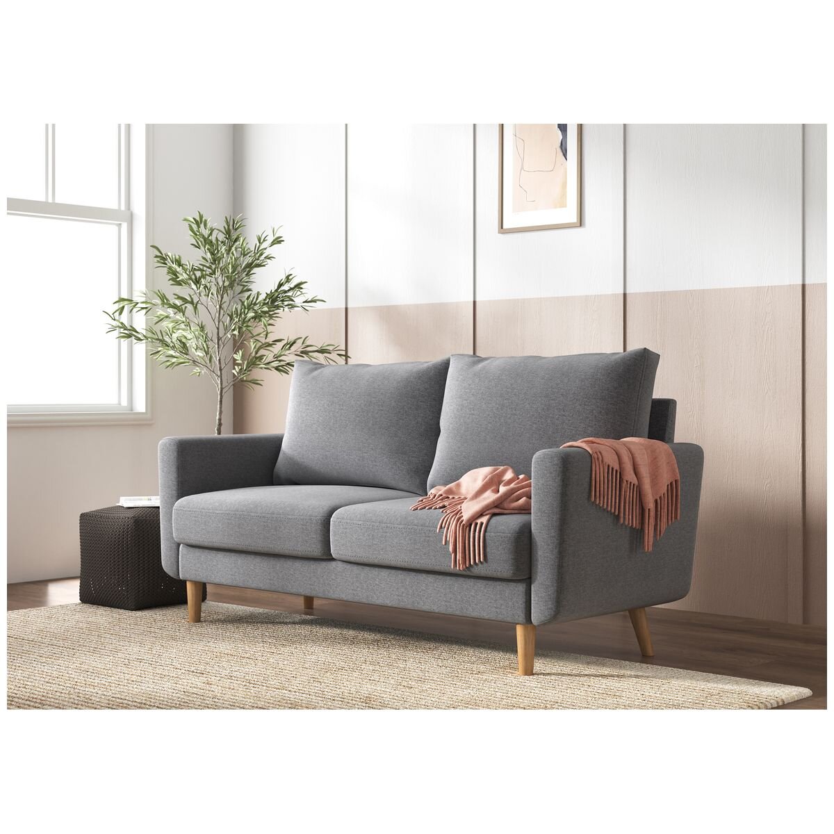 Zinus York 2 seater fabric sofa - grey, pine wood frame, rubber wood legs - AU-USSTD2ZC-59G