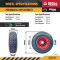 Easyroll 6.5 x 8" Pneumatic Nylon Wheelbarrow Wheel, 1" Axle, 180kg