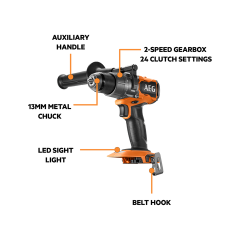 AEG 18V Brushless Hammer Drill Kit - 2-Speed Gearbox - 65mm Timber Capacity - LED Light - SuperSaverAU - view 2