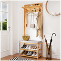 L.T. Williams Bamboo Hall Stand - Grey PU Bench Seat - Coat Rack and Shoe Storage - 9922