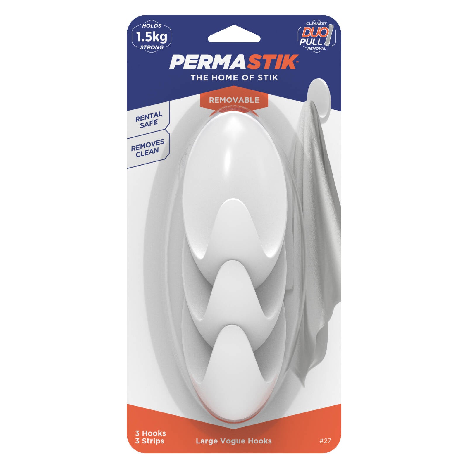 Permastik Large Self-Adhesive Vogue Hooks 3 Pack - White, Holds 1.5kg