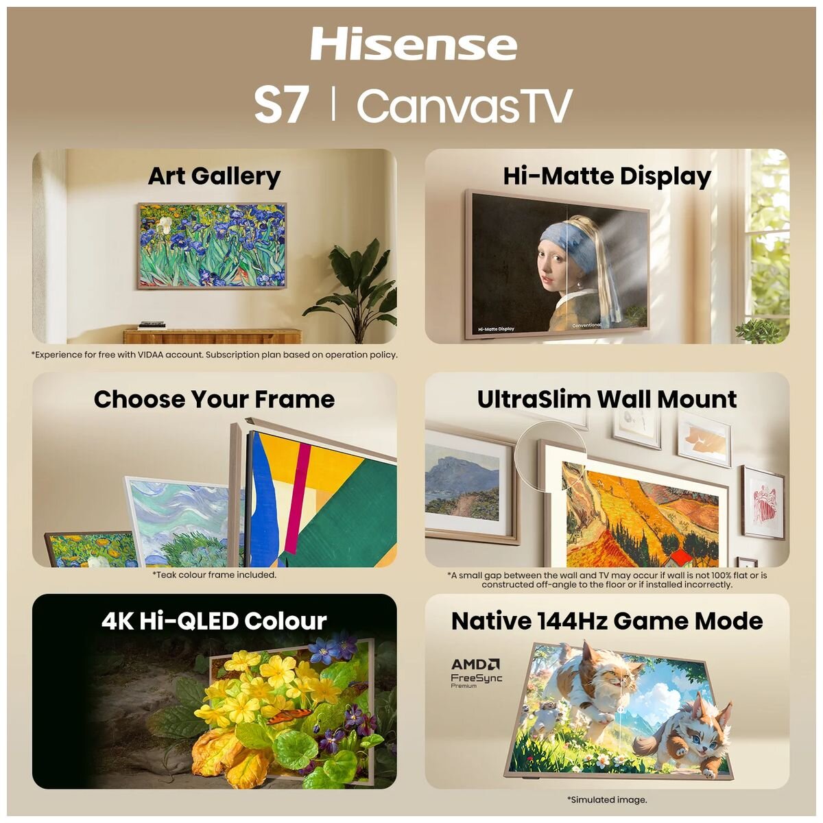 Hisense 65 Inch S7S Hi-QLED 4K Canvas TV - 144Hz, Art Gallery Mode, AI RGB Light Sensor - 65S7SAU