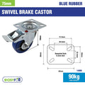 Easyroll 75mm Blue Rubber Swivel Brake Castor 90kg Load Indoor Outdoor