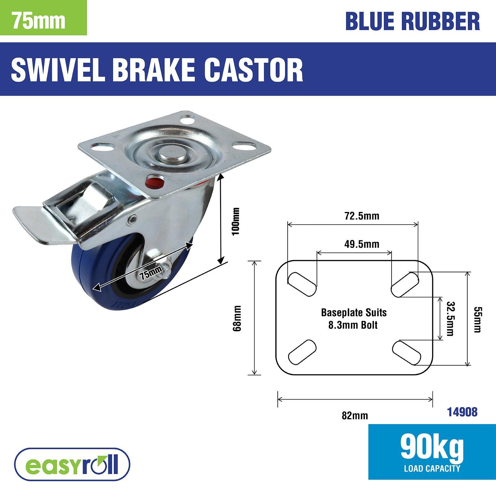 Easyroll 75mm Blue Rubber Swivel Brake Castor 90kg Load Indoor Outdoor