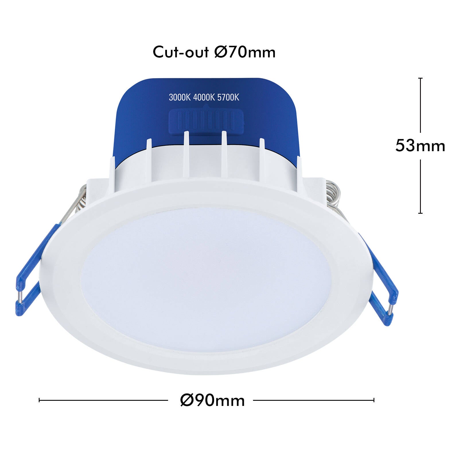 DETA 7W 70mm IP44 Tri-Colour Dimmable LED Downlight 240V Hardwired White Blue DET610