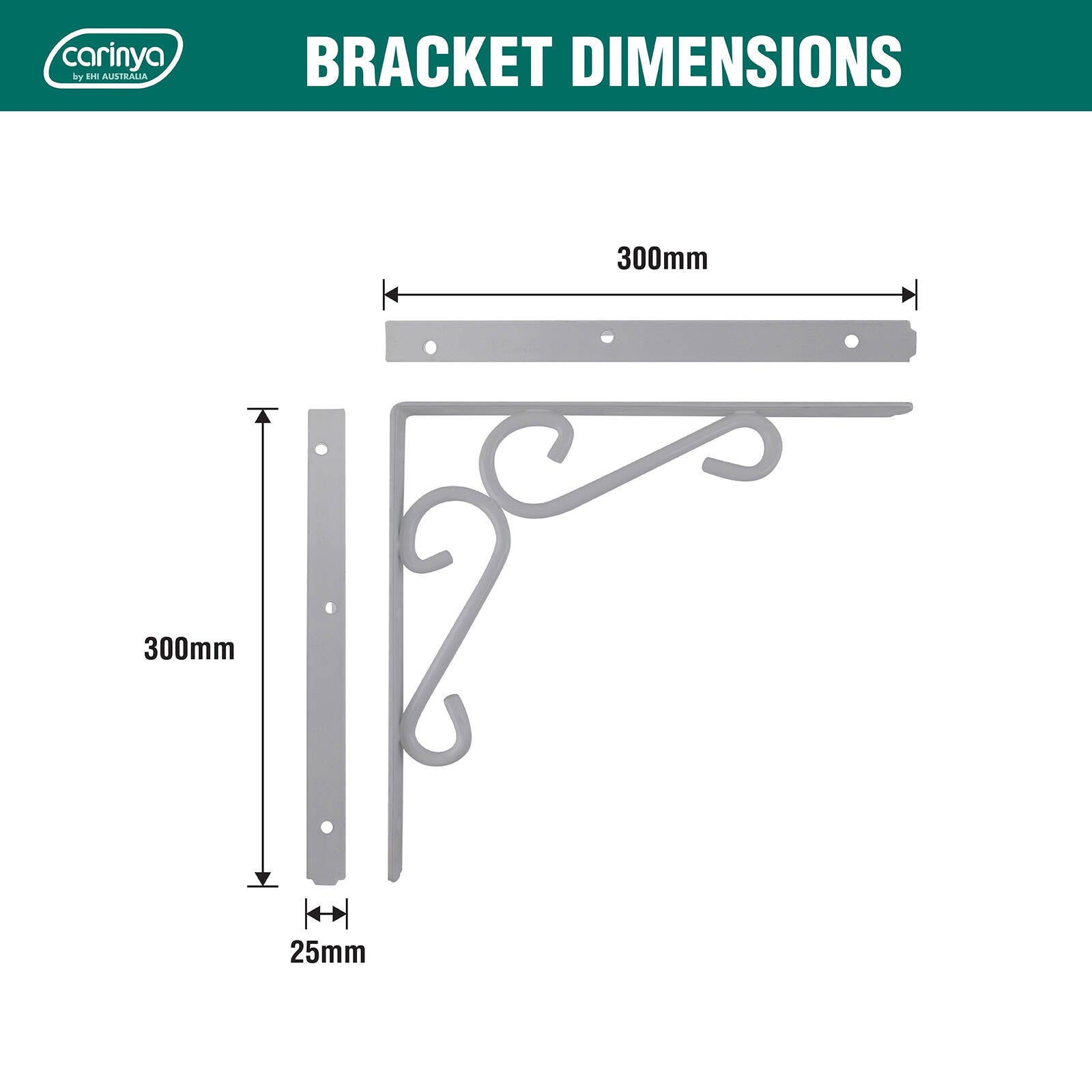 Carinya 300 x 300mm White Powder Coated Steel Scroll Stayed Bracket 200kg