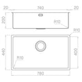 Artinox Radius 74 Single Bowl Sink - AISI 304 Stainless Steel, 780mm Wide, Overflow - ARTRAD7440