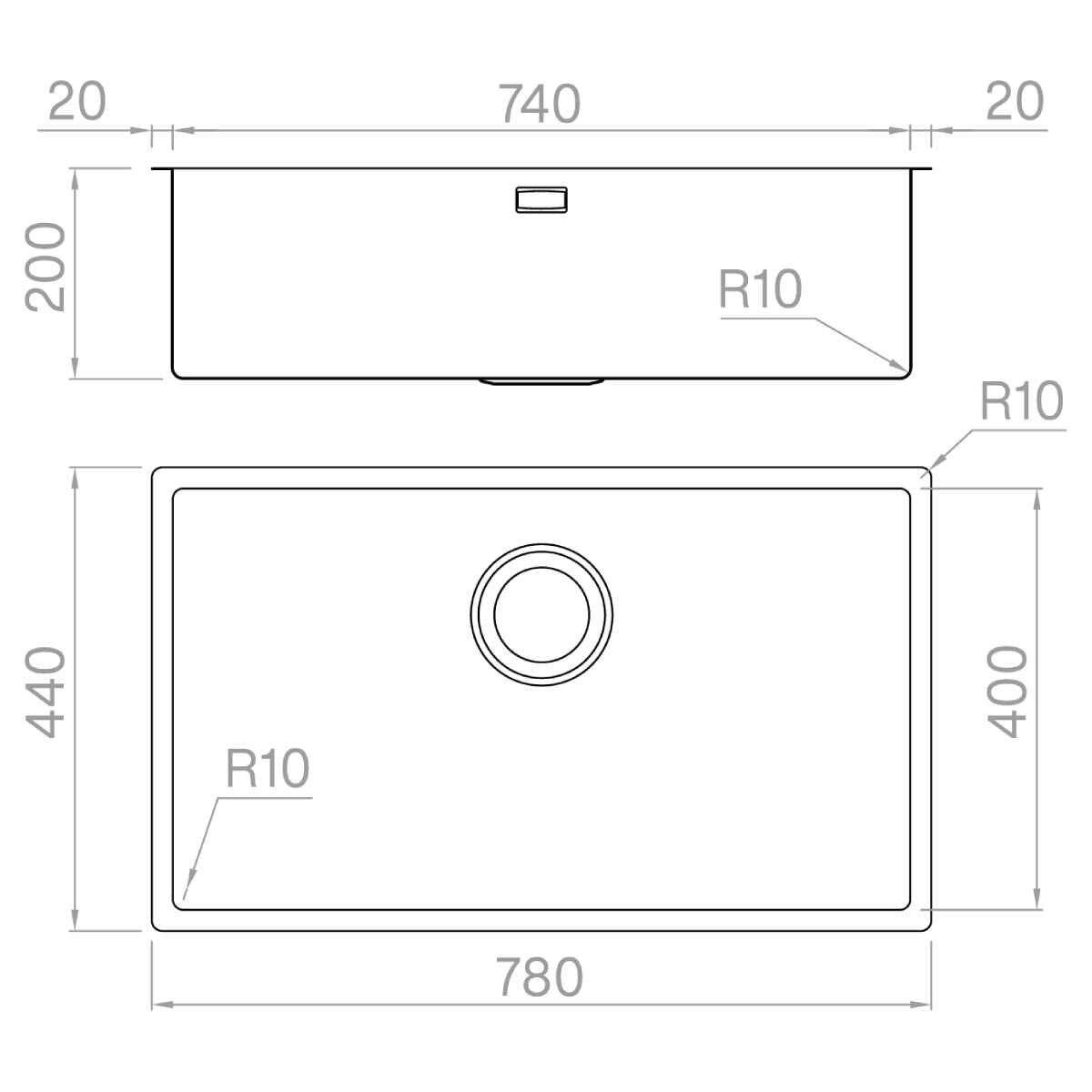 Artinox Radius 74 Single Bowl Sink - AISI 304 Stainless Steel, 780mm Wide, Overflow - ARTRAD7440