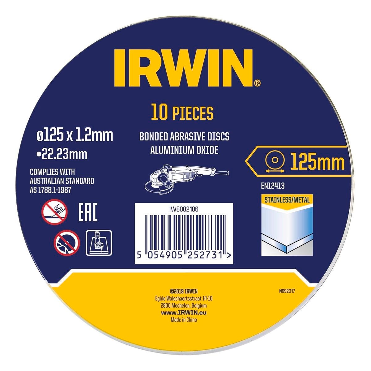 Irwin Metal Cut Off Disc 10pk - 125 x 1.2 x 22mm - Aluminium Oxide - SuperSaverAU - view 1