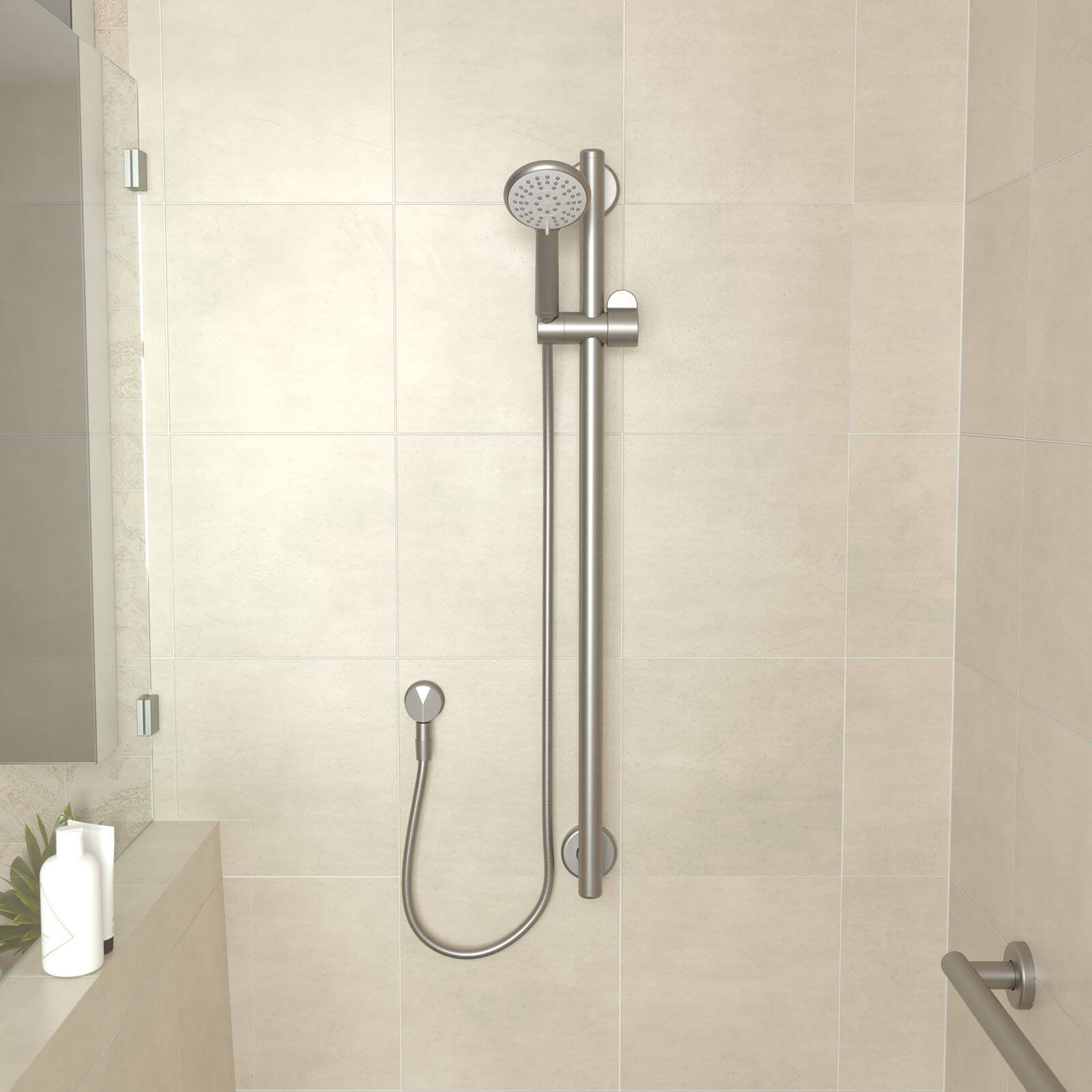 HomeCare by Caroma 900mm Brushed Nickel Rail Shower Set, 9L/min 3 Star WELS
