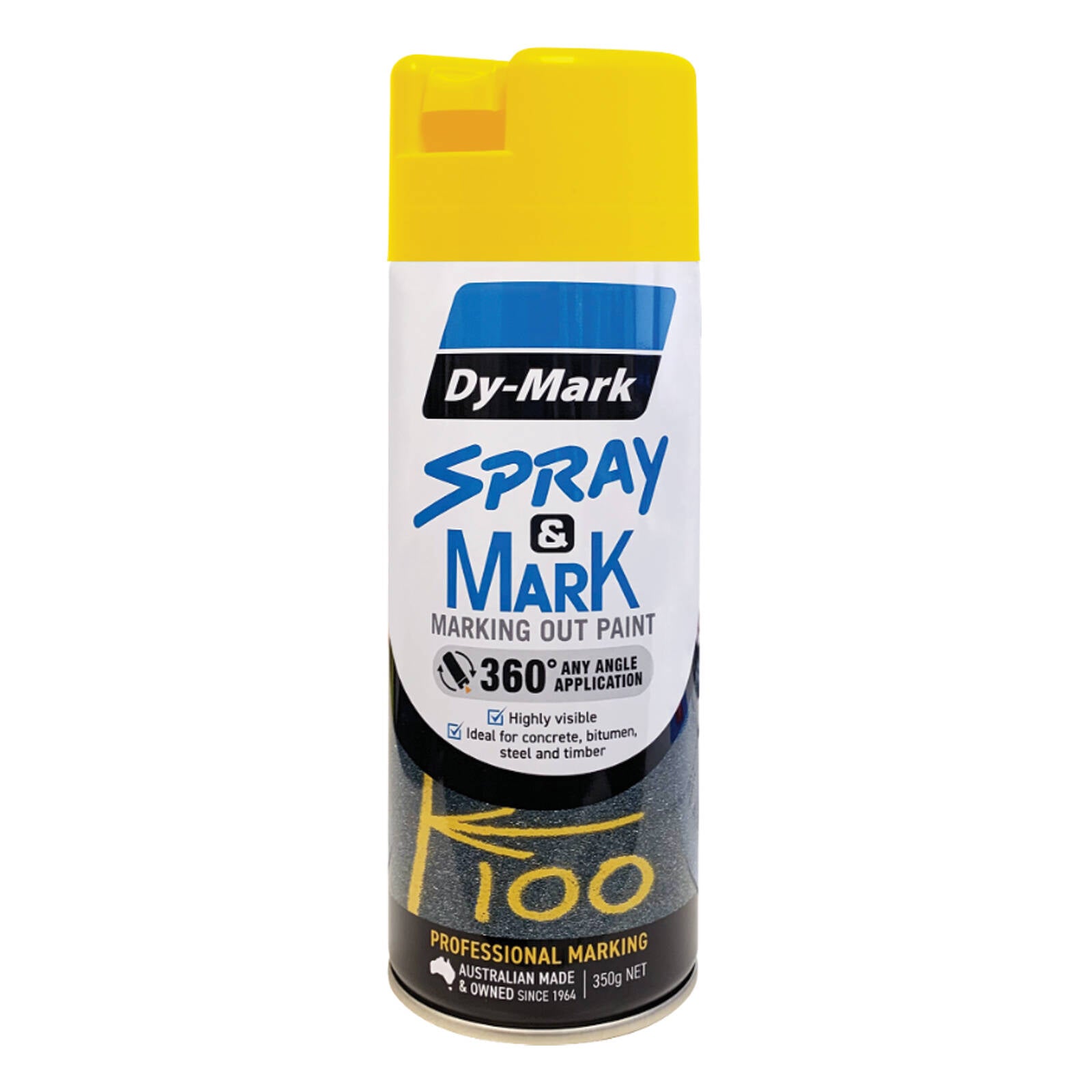 Dy-Mark Spray & Mark Paint 350g Yellow Gloss Splatter Resistant Inverted Spray