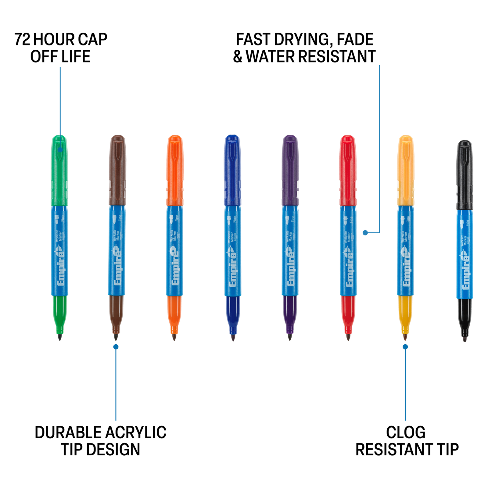 Empire Multi-Coloured Permanent Marker 8 Pack, Fast-Dry Water-Resistant Ink