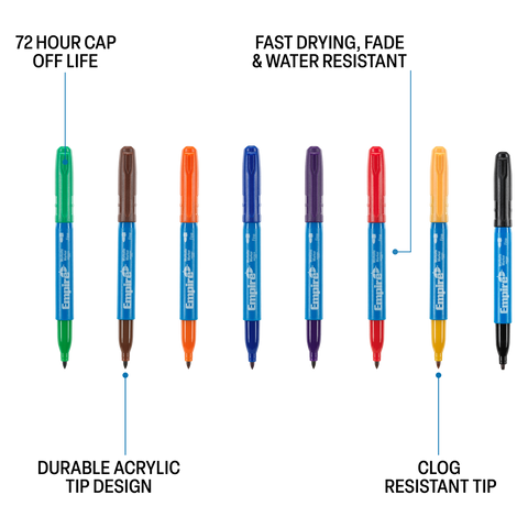 Empire Multi-Coloured Permanent Marker 8 Pack, Fast-Dry Water-Resistant Ink