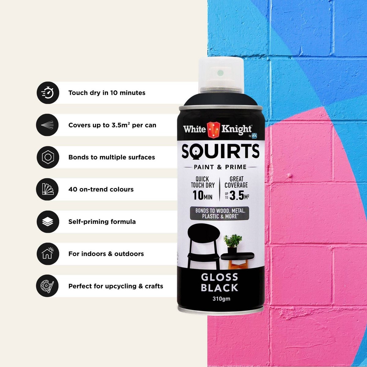 White Knight Squirts Black Gloss Spray Paint 310g Solvent Based Durable - SuperSaverAU - view 5