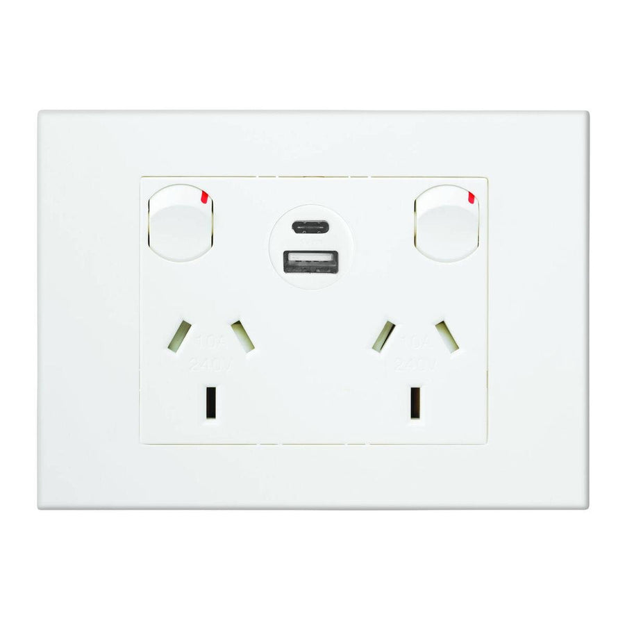 Hpm White Vivo Double Powerpoint - 2 Outlets - 15W USB Charger - Compact Design - SuperSaverAU - view 1