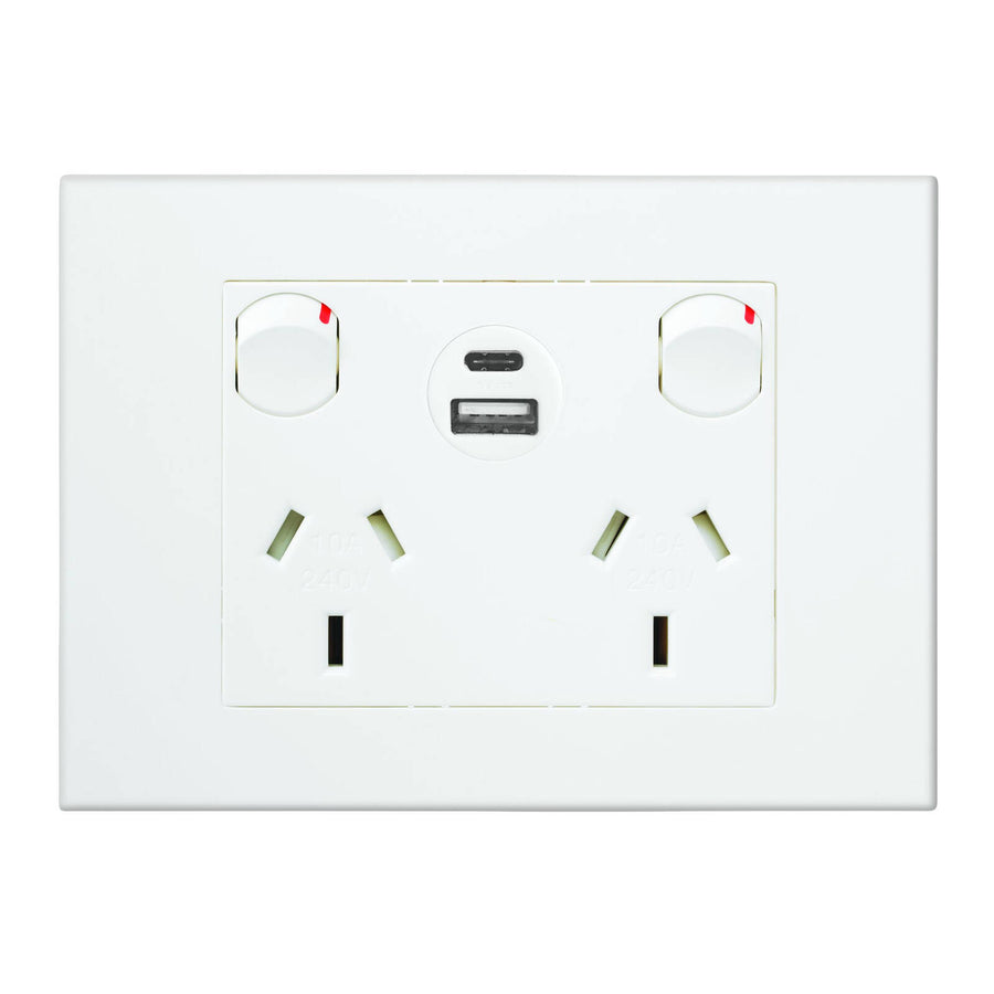 HPM VIVO White Double Powerpoint with Type A+C 15W USB Charger, 10A 240V