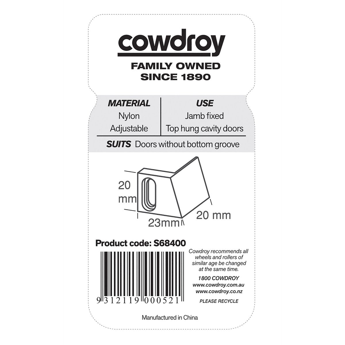 Cowdroy Track Sliding Door Accessory - 55mm x 20mm x 145mm - Nylon - Cavity Guide - SuperSaverAU - view 2
