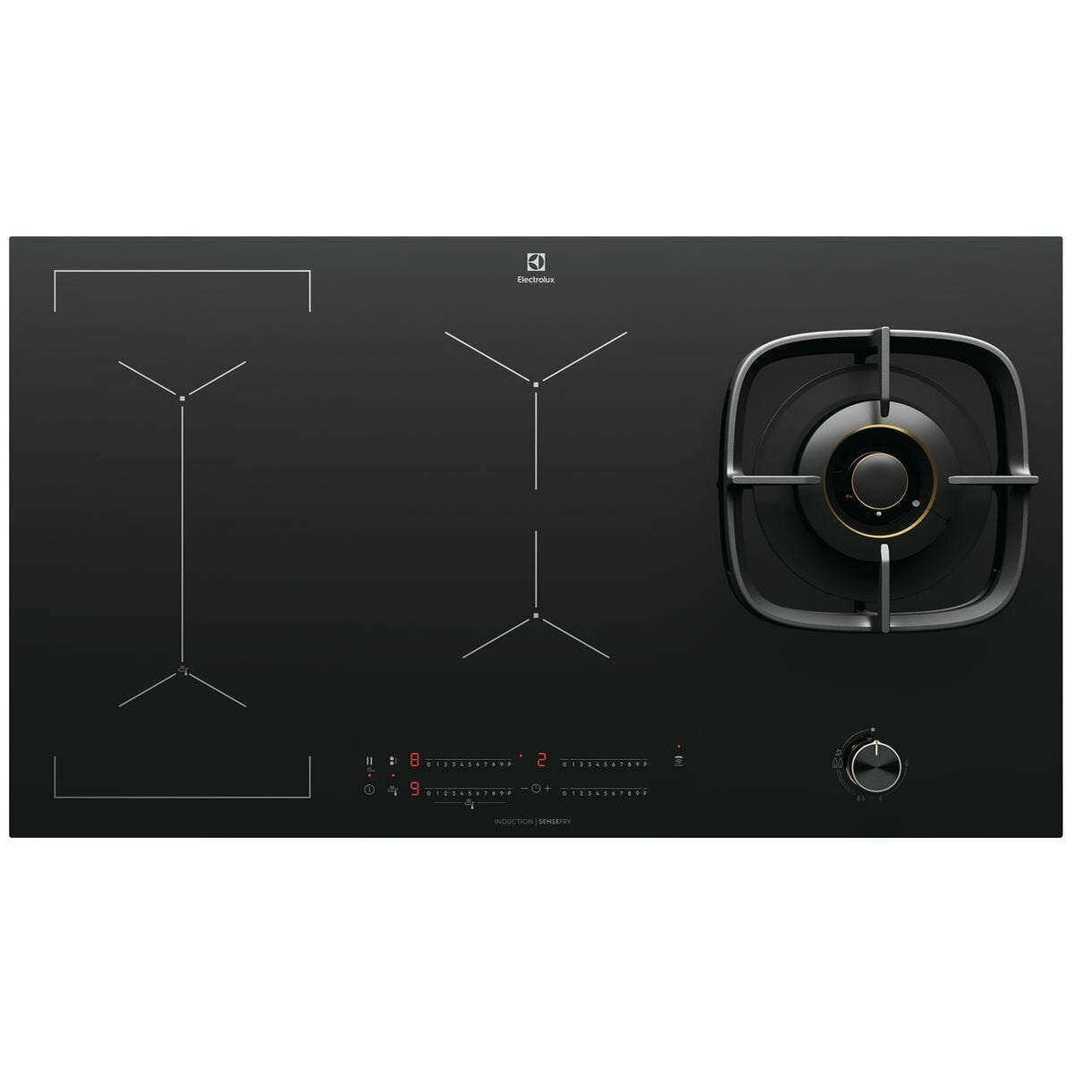 Electrolux 90cm dual fuel cooktop - 4 induction zones, 24MJ wok burner, Hob2Hood - EHH957BE