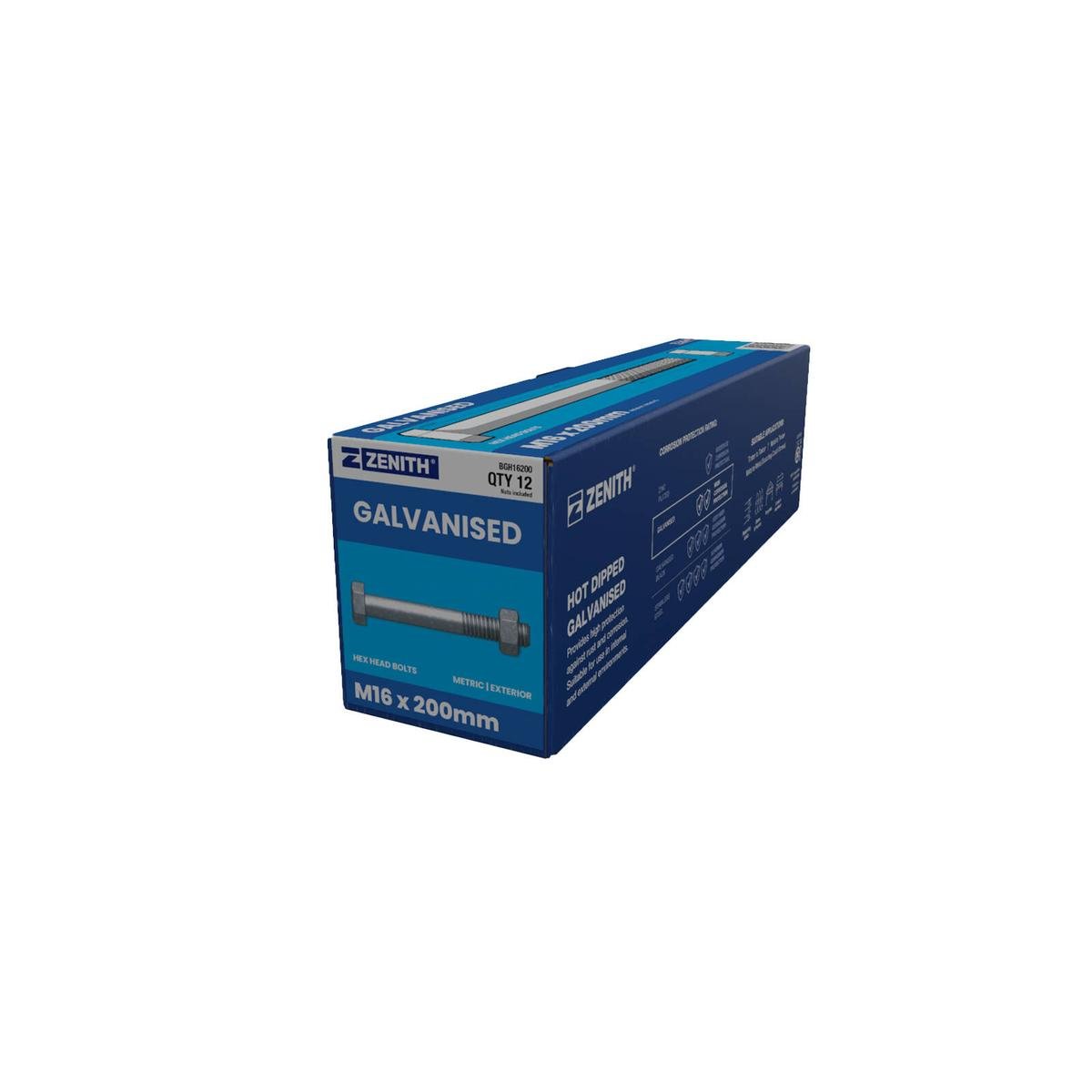 Zenith Hot Dip Galvanised Hex Head Bolts M16 x 200mm 12 Pack - SuperSaverAU - view 1