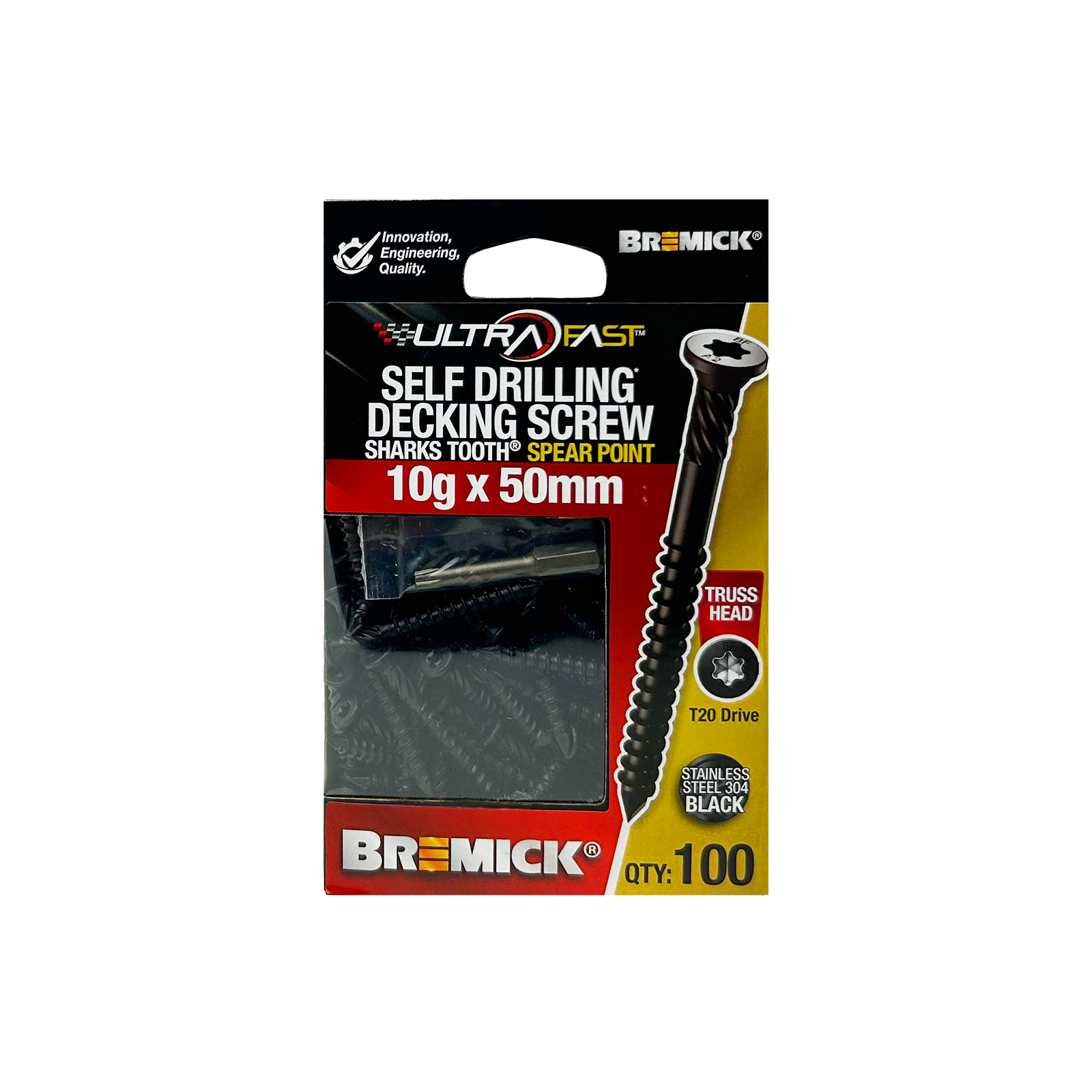 Bremick UltraFast 10g x 50mm 304 Stainless Steel Black T20 Truss Head Decking Screw - 100 Pack