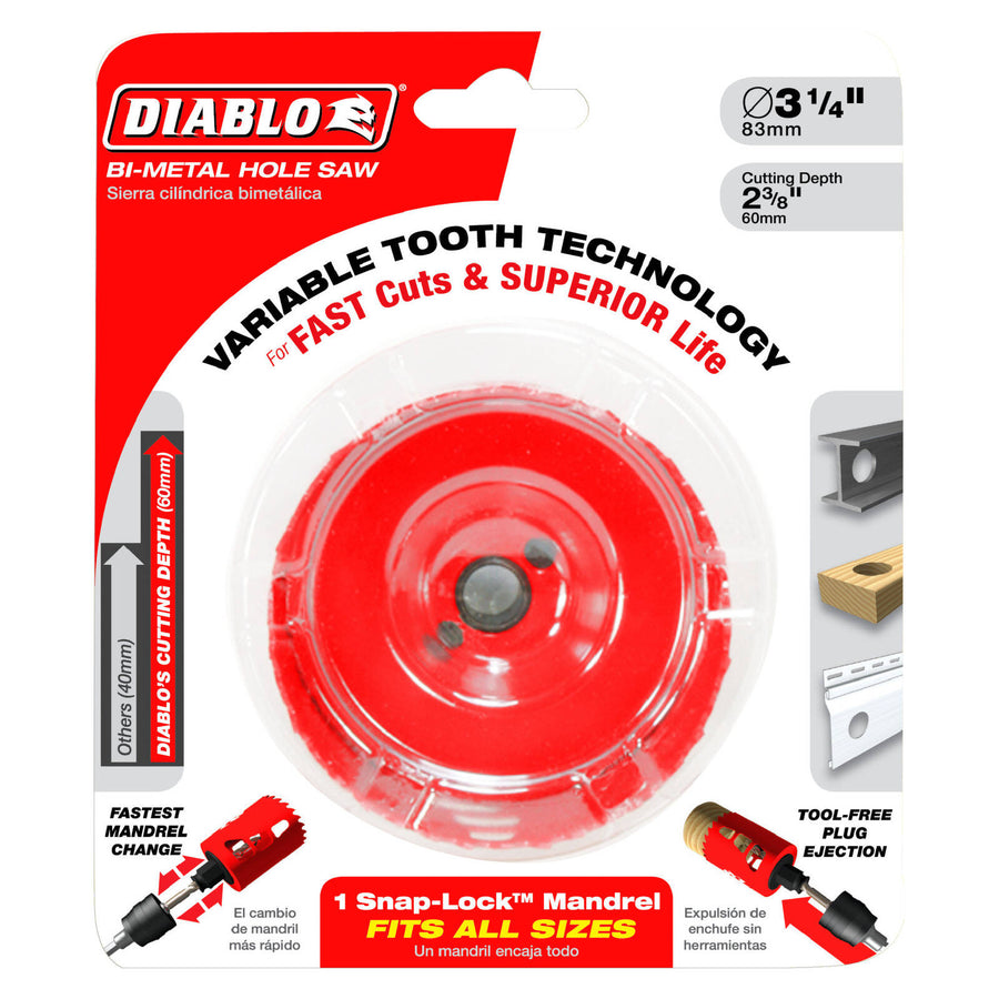 Diablo 83mm Bi-Metal Hole Saw, 60mm Depth, Wood Steel Plastics