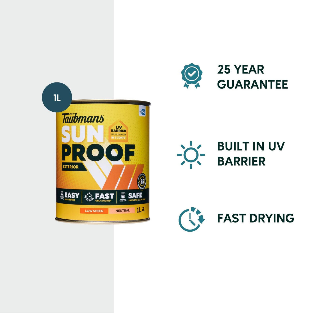 Taubmans Sunproof 1L Neutral Low Sheen Exterior Paint - UV Resistant, Tintable, Water Based