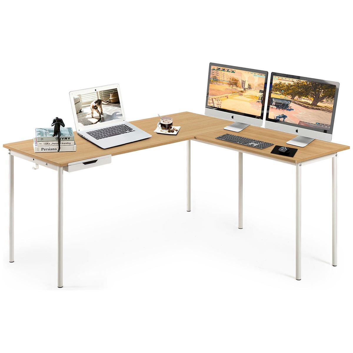 Zinus Dominic L-Shaped Corner Office Desk - Metal Frame with MDF Top, Cream Finish, Flat-Pack - AU-LD-C59C