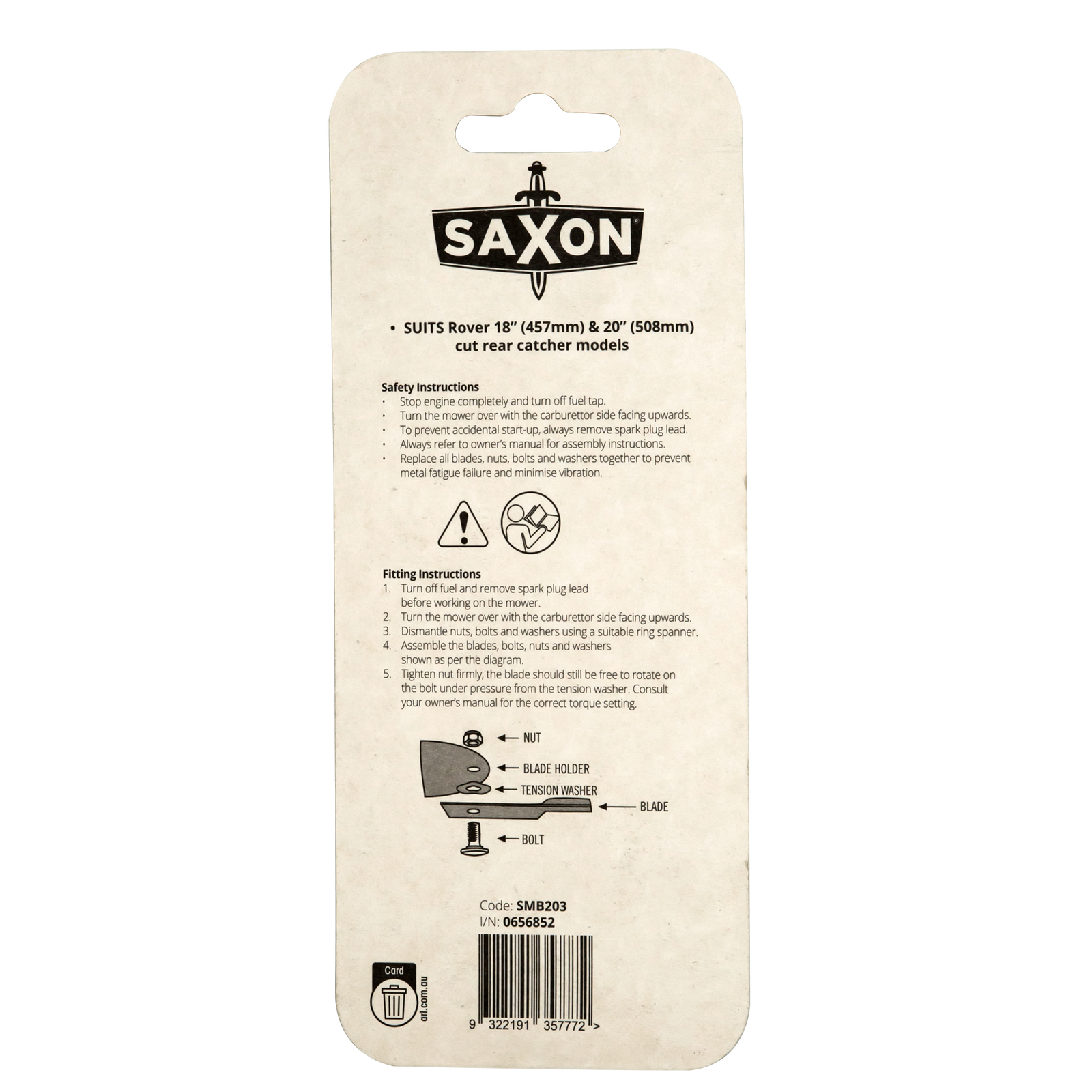 Saxon 18" Mower Blade & Bolt Set, 2 Pack, 13mm Hole, Suits Rover 18" & 20" Rear Cut & Catch